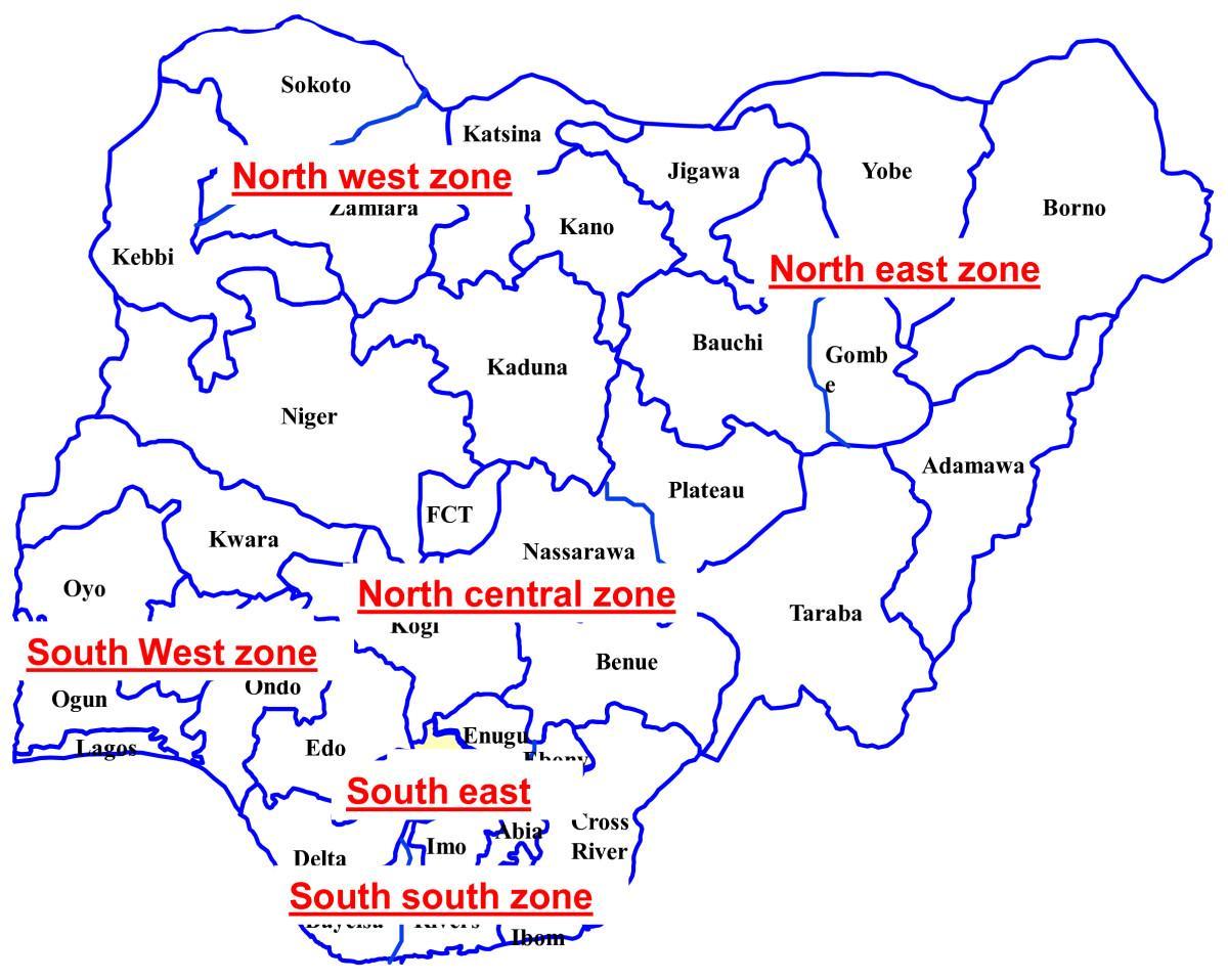 karte nigērija rāda seši ģeopolitisko zonu