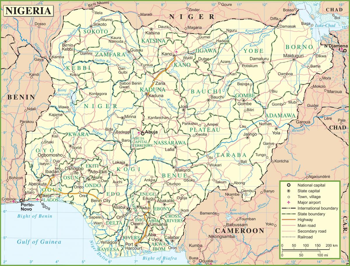kartes nigērijā, parādot galvenajiem autoceļiem