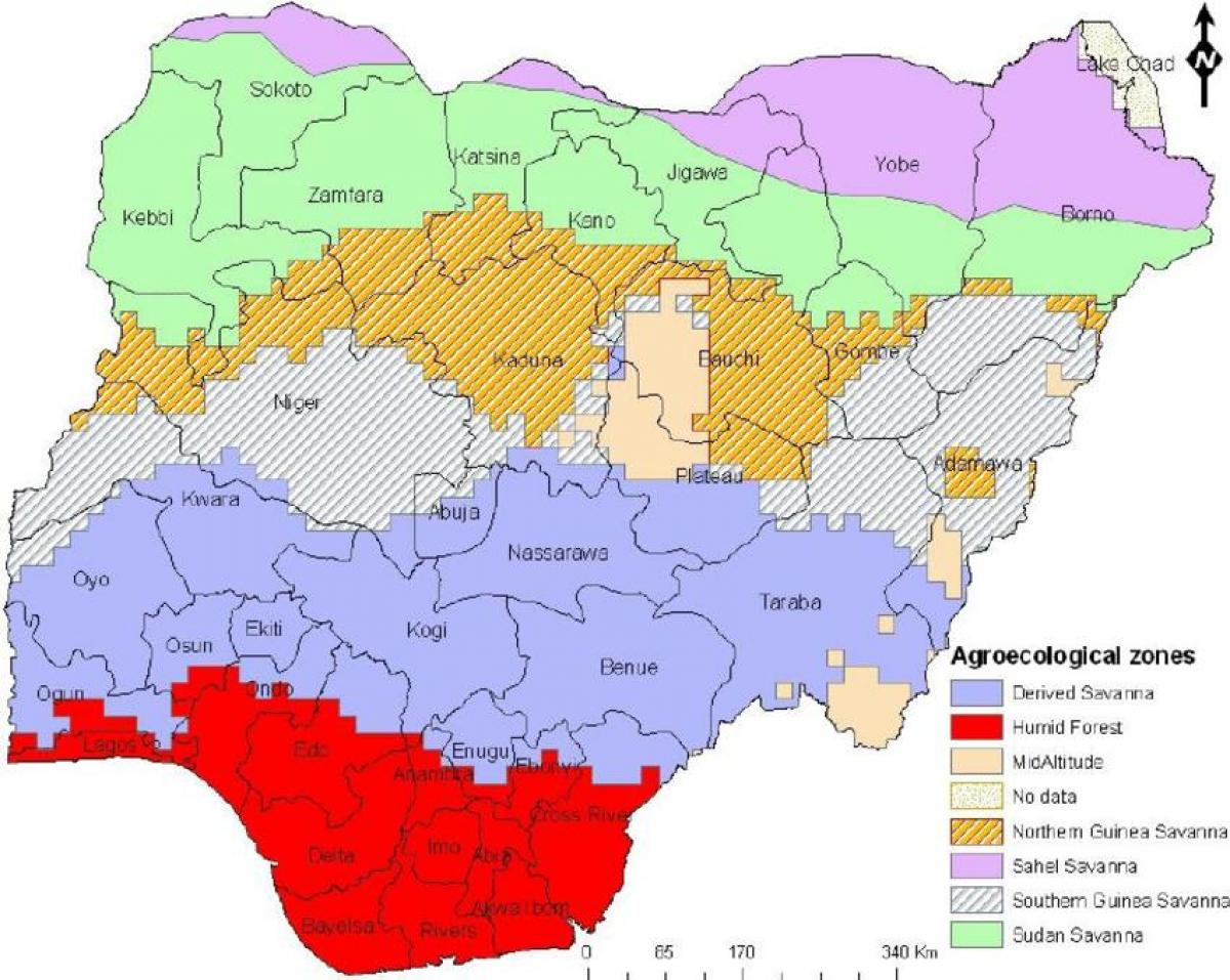 zīmēt kartes nigērijā, parādot veģetācijas zonām