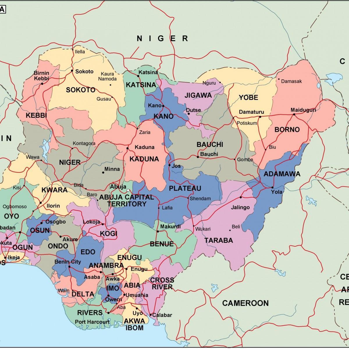Karte nigērija ar valstīm un pilsētām